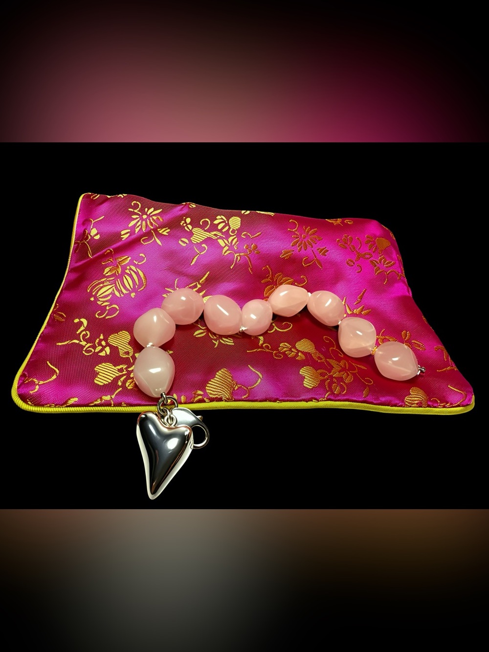 Source Unknown Pink Bead Bracelet with Sterling Silver Heart Charm